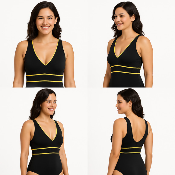 Croft Barrow Navy With Yellow Trim V Neck Sleeveless One Piece Swimsuit - Picture 1 of 6